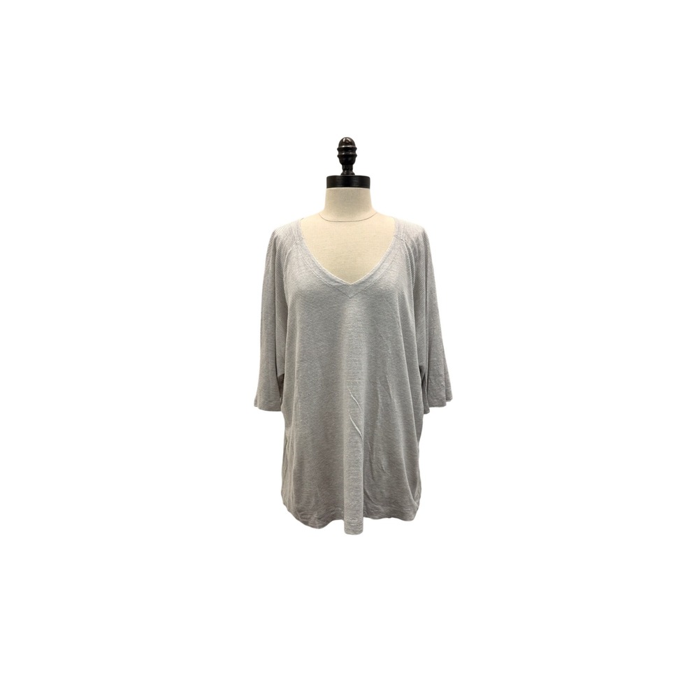 Eileen Fisher V-Neck Top Women's Size L Color Grey Organic Linen Striped Knit